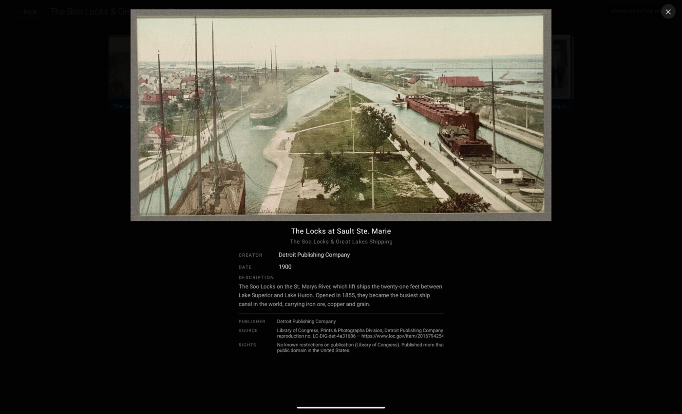Full-screen detail view of a historical photochrom with fielded metadata below: creator, date, description, source, and rights.