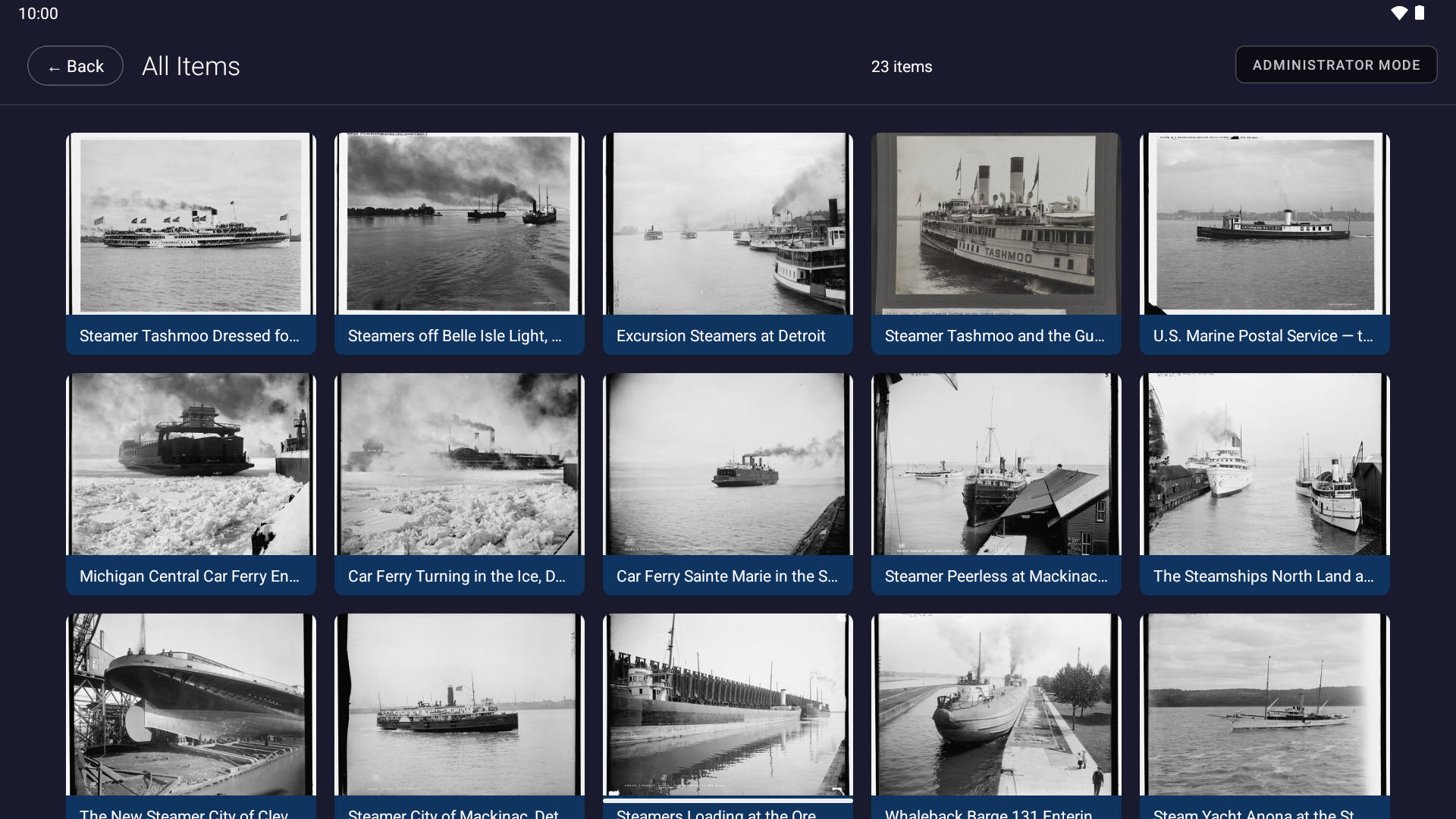 A thumbnail gallery for one category, showing five historical photographs with their titles.
